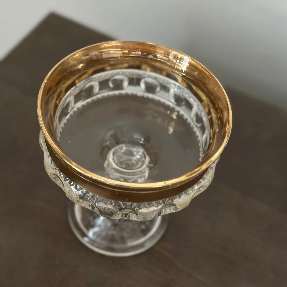VTG Indiana Glass Kings Crown Thumbprint Pedestal Compote Candy Dish Gold Rimmed